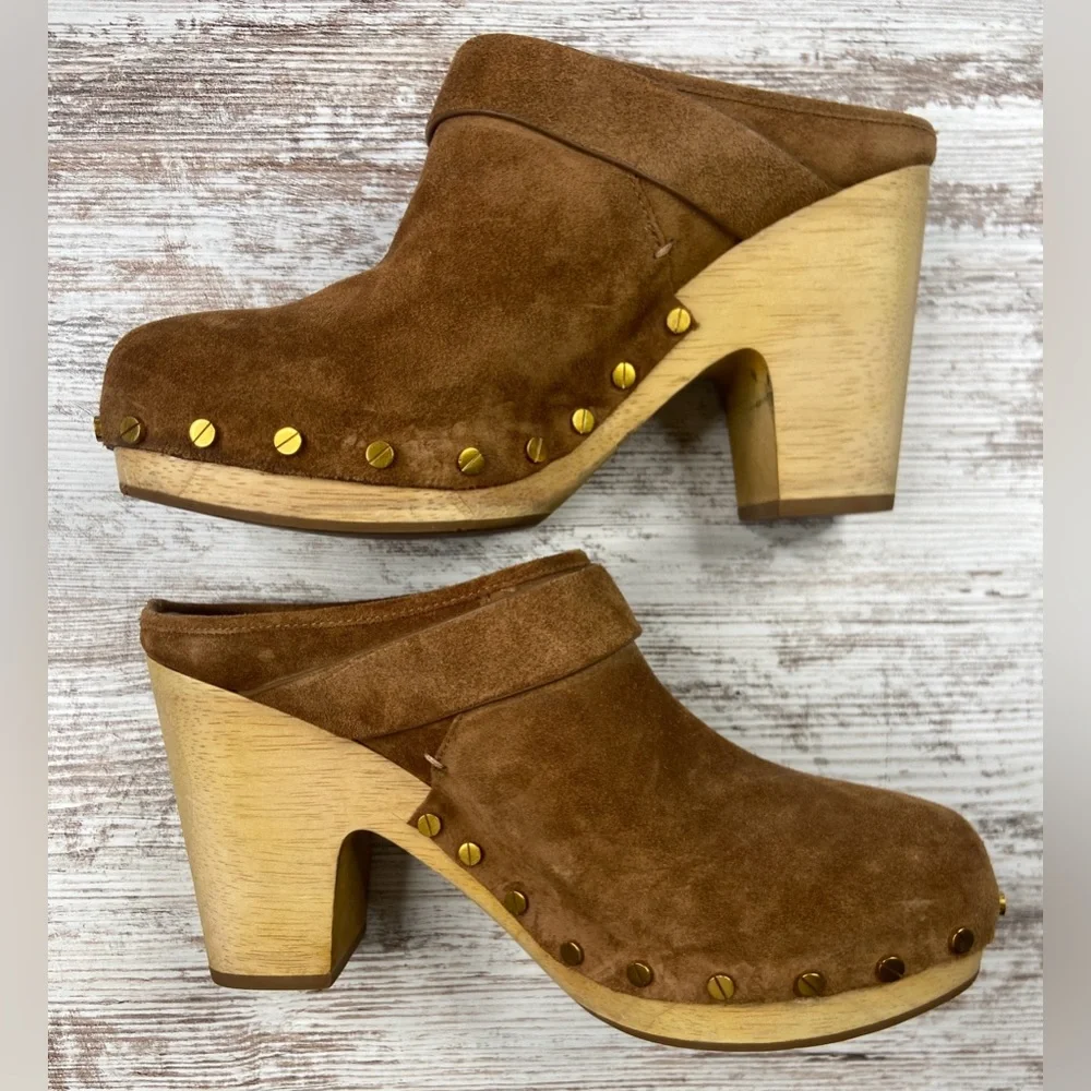 VERONICA BEARD DACEY‎ Buckle Clogs MULE PLATFORM SUEDE PECAN Size 9.5 GUC!
